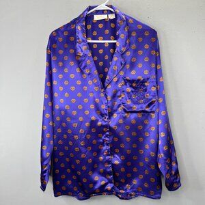 Vintage Victorias Secret Pajama Shirt L Purple Satin Gold Label Long Sleeve